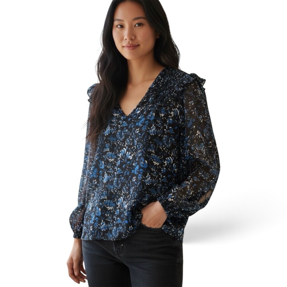 Roan + Ryan Blouse Womens Size M Black Blue White Floral V-Neck Long